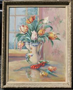 MACGREGOR Nina 1870,Still life of tulips in a Dutch vase on window sill,Burchard US 2009-03-22