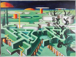 MACKAY John 1947,geometric fantasy landscape with maze,1988,Ewbank Auctions GB 2022-07-27