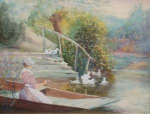 MACKAY Theo 1955,Lady in a punt feeding white ducks by steps at waters edge,Dickins GB 2007-11-10