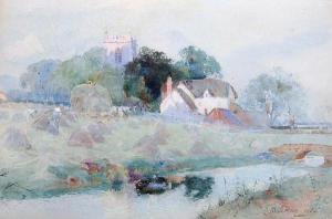 Mackay Thomas 1893-1912,Haymaking before a village and churchtower,1904,Bonhams GB 2008-08-16