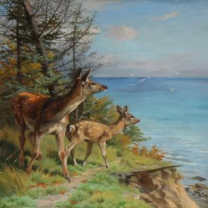 MACKEPRANG Adolf Heinrich 1833-1911,A couple of deers standing at the edge of the f,Bruun Rasmussen 2015-06-01