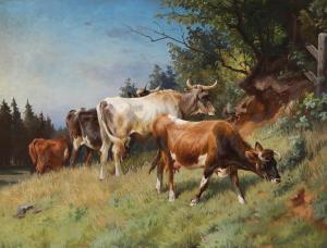 MACKEPRANG Adolf Heinrich,Scenery with grazing cows near a forest,Bruun Rasmussen 2024-02-19