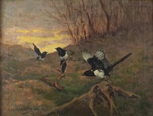 MADARáSZ Adaline 1871-1962,Magpies in a landscape,1910,Eastbourne GB 2021-08-03