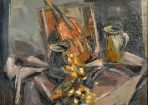 MADARASSY GYORGY 1947,Natură statică cu vioară,GoldArt RO 2015-05-11