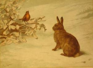 MAE W,A seated rabbit in the snow watching a robin singing,Dickins GB 2010-01-08
