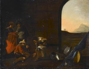MAESTRO DEI MESTIERI,Soldiers playing dice, a flag and armour lying nea,Sotheby's 2007-04-25