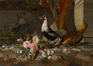 MAGAUD Adolphe Jacques Gabriel,Still Life with Exotic Fowl, Roses and Butterfli,Sotheby's 2022-05-26