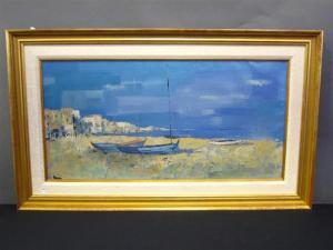 MAGRE H.T 1900-1900,village coastal scene with sailboats ashore.,Braswell US 2010-10-19