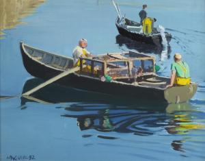 MAGUIRE Cecil 1930-2020,BRINGING IN LOBSTER BOXES, ROUNDSTONE HARBOUR, SUM,1992,Whyte's 2013-05-27