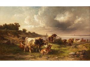 MAHLKNECHT Edmund 1820-1903,LANDSCHAFT MIT KUHHERDE AM UFER EINES SEES,Hampel DE 2023-06-29