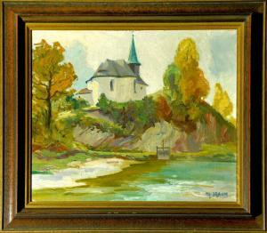 MAHN Richard 1866-1951,Herbstlandschaft mit Kapelle und Wehr,Allgauer DE 2021-07-23