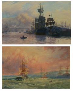 MAIN John P 1862-1934,A busy river scene with ships moored at a harbour ,Mallams GB 2020-02-26