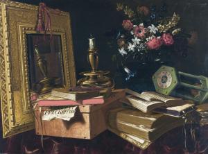 MAITRE DES VANITAS TEXTS Madrid 1650,A VANITAS STILL LIFE WITH A MIRROR, A CANDLE, A,Sotheby's 2013-07-04