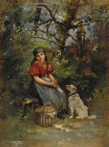 MAKLOTH Johann,Mädchen mit Hund aufeiner Bank am Waldrand,1881,Scheublein Art & Auktionen 2010-09-17