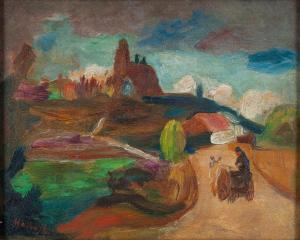 MAKOWSKI Tadeusz, Tade,Landscape with castle and cart on the road,1920,Desa Unicum 2024-03-21