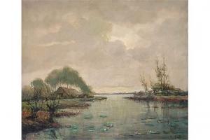 MALER E 1800-1900,Weite Gewässerlandschaft mit Gehöft,Engel DE 2015-11-28