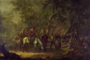 MALLEYN Gerrit Mallein 1753-1816,HUNTING PARTY AT A STABLE,Hodgins CA 2009-11-23