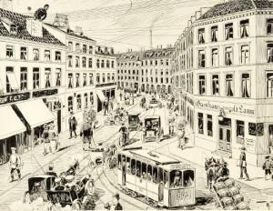 MANDL Max 1864-1937,Straßenszene mit Straßenbahnen, 
Autos und Pferdef,1904,Allgauer DE 2011-04-14