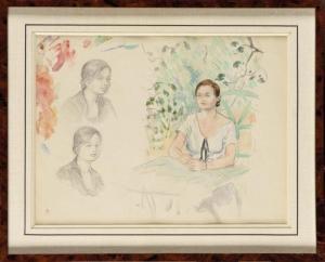 MANET Julie 1878-1966,Etude de femme assise au jardin et deux études de têtes,Osenat FR 2020-10-25