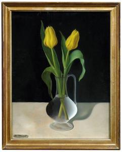 Mangold Joseph 1884-1937,Stilleben mit zwei gelben Tulpen in einer Glasvase,Nagel DE 2010-02-10