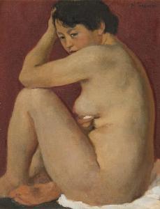 MANJIRO Terauchi 1890-1964,Nude crouching,Mainichi Auction JP 2022-07-08