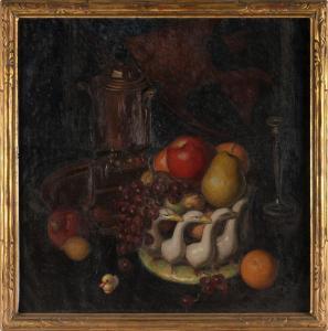 MANOIR Irving Kraut 1891-1982,Still life with fruit and ceramic geese,Eldred's US 2022-09-09