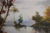 MANSINI G. C,wooden lake scene with island and rocks to the for,Lawrences of Bletchingley 2021-06-08