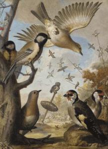 MANZONI Ridolfo,Finches and other small birds by a tree stump, an ,1715,Christie's 2003-04-01