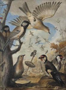 MANZONI Ridolfo 1675-1743,Finches and other small birds by a tree stump, an ,Christie's 2015-10-29