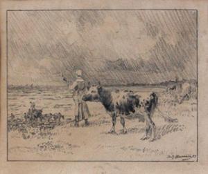 MARAIS Adolphe 1856-1940,Jeune fermière et ses vaches devant la mer,Tradart Deauville FR 2011-06-04