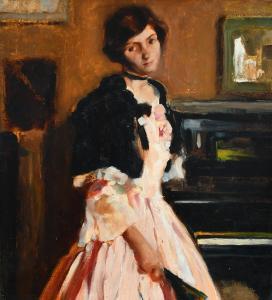 MARCHIG Giannino,Portrait of a lady by a piano wearing a pink dress,Woolley & Wallis 2022-12-14