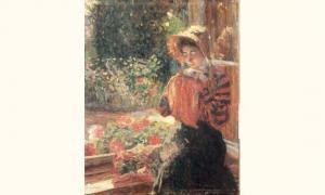 MARCOLESCO George 1870,Jeune fille à la capeline devant un jardin fleuri,Aguttes FR 2004-10-06