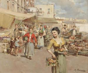 MARESCA Mario 1877-1959,A market scene with a girl carrying baskets of fruit,Bonhams GB 2012-09-16