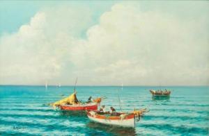 MARIANI,Coastal fishermen with sailboats in background,Garth's US 2021-08-22