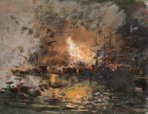 MARIANI Pompeo 1857-1927,Boat on fire in a harbour,Christie's GB 2018-07-12