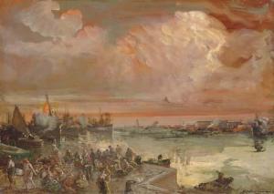 MARIANI Pompeo 1857-1927,Sunset over the Port of Genoa,Christie's GB 2005-04-19