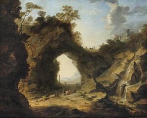 MARIENHOF Jan A. 1640-1677,A rocky landscape with soldiers near a waterfall,Christie's GB 2008-11-10