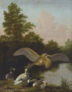 MARIENHOF Jan A. 1640-1677,L'envol d'un butor étoilé et canards près d'un éta,Christie's 2019-06-25