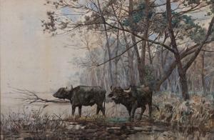 MARIOTTI Leopoldo 1848-1916,Buffalo Emerging from the Forrest, Rome,Mossgreen AU 2017-11-28