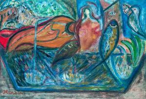 MAROSAN Gyula 1916-2003,Composition with fish,Nagyhazi galeria HU 2023-12-12