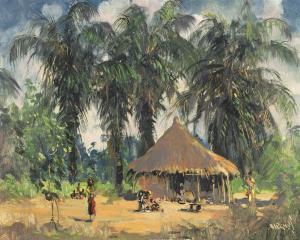 MARQUES Guilherme 1887-1960,Hut and Figures Beneath Palm Trees,Strauss Co. ZA 2023-10-25