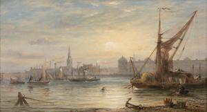 MARQUIS James Richard 1830-1885,A Busy City River Landscape at Sundown,Adams IE 2022-09-28
