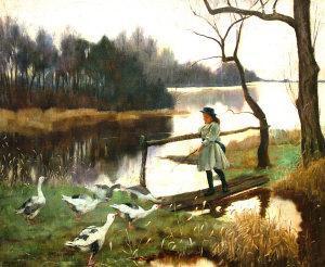 MARSH Charles F 1800-1900,Young girl feeding ducks by a lake shore,Rosebery's GB 2010-09-07