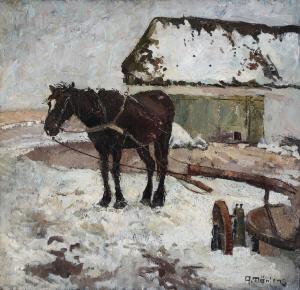 MARTENS Alfred 1888-1936,A horse standing outside a snow covered farm,Bruun Rasmussen DK 2024-02-05