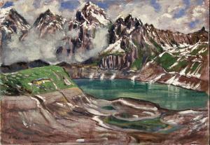 MARTIN K 1800-1900,frühlingshafte Alpenlandschaft mit Bergsee im Sonn,1927,Mehlis DE 2008-05-30