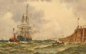 MARTIN W. 1800,a sailing boat under tow past the break water,Mallams GB 2023-07-17