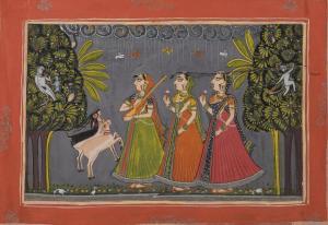 MARWAR 1800,Three maidens, one holding a vina, with deer and m,Bonhams GB 2015-11-18