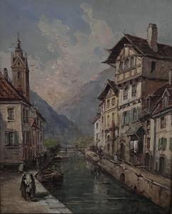 MASCART Gustave 1834-1914,Vue des quais dans un village bordé de montagnes,Libert FR 2023-07-06