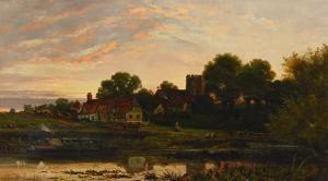 Mason Claude 1800-1900,A VILLAGE BY A RIVER AT SUNSET,Dreweatts GB 2022-12-02