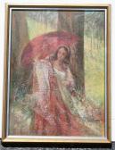 massimino 1900-1900,Depicts a girl with parasol and blanket in the woods,Burchard US 2009-05-17